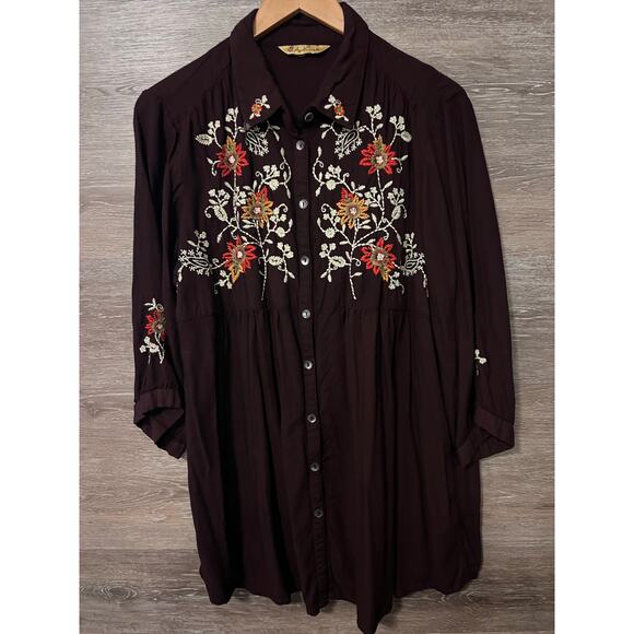 April Cornell tunic blouse Large embroidery brown fall Cottagecore boho Vintage - Picture 1 of 13